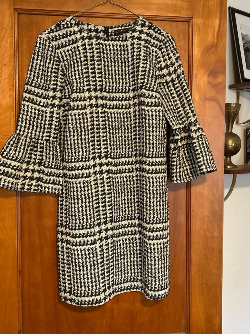 Zara Black & White Houndstooth Bell-Sleeve Dress